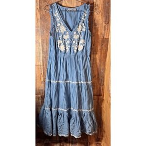Lucky Brand Women's Blue Embroidered Tiered Sleeveless Maxi Dress
